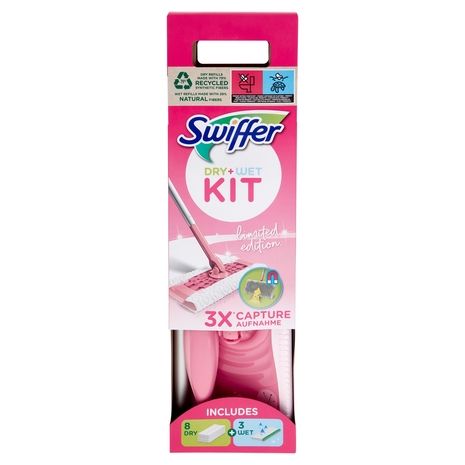 Swiffer Dry+Wet Kit Scopa +8 Panni Cattura Polvere +3 Panni Lavapavimenti Wet limited edition